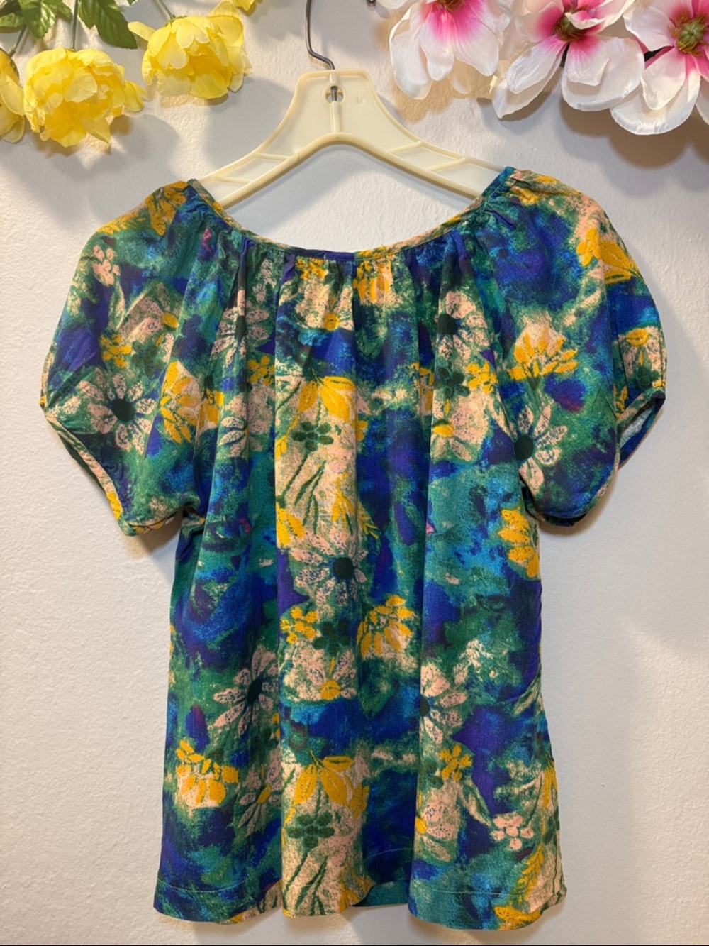 Printed Short-Sleeve Peasant Blouse in Blue, Green & Yellow - Picture 2 of 7